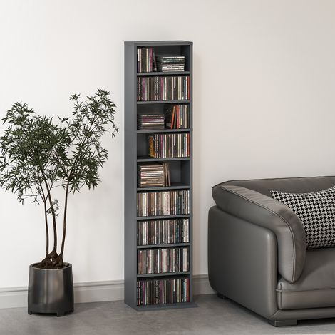 Rangement CD DVD 9 Compartiments, 6 Étagères Réglables, 260 CD / 120 DVD, 33x24x140 cm, Gris (1/5)