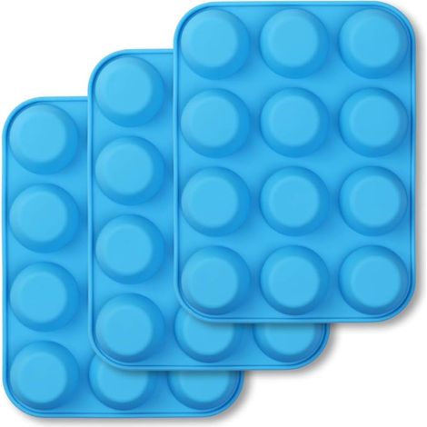 MINKUROW Molde De Silicona Para Magdalenas De 12 Tazas, Paquete De 3 Bandejas Para Hornear Antiadherentes Para Magdalenas, Pasteles, Picaduras De Huevo - Azul (1/5)