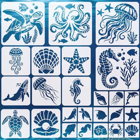 Lot de 25 pochoirs en forme d'animaux marins pour peinture, tortue de mer, pieuvre, méduse, 3 tailles, réutilisables, pochoirs muraux pour travaux manuels, meubles en bois, chambre à coucher