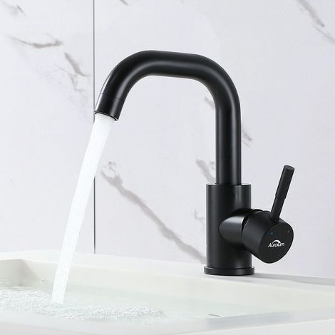 1 Mitigeur lavabo, rotation 360°, laiton, finition noire mate, hauteur 201 mm, salle de bain (1/5)