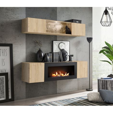 Ensemble meuble TV mural Fly N3 avec cheminée bioéthanol et vitrine LED - Bois MDF chêne Hickory Jackson - 160 x 150 x 40 cm - Livraison gratuite (1/3)