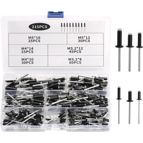 215 Pcs Rivet Pop Tete Large, 3,2mm 4mm 5mm Rivets Pop en Aluminium à Tête Large, Rivets Aveugles en Aluminium Noirs à Large Bride pour Métal, Meubles, Voitures, Bateaux(8/10/12/14/16 mm) (1/5)
