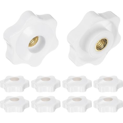 10pcs Star Knobs M6 Female Thread 32mm Plastic Head Screw-on Brass Clamping Handles with Through Hole, Threaded Hand Knobs, White (1/5)