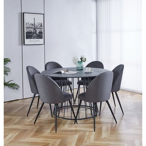Hallowood Furniture Cullompton Large Round Dining Table and Chairs Set 6, Grey Marble Effect Top Kitchen Table with Curved-back Dark Grey Fabric Chairs, Dining Room Sets for Home and Café (1/5)