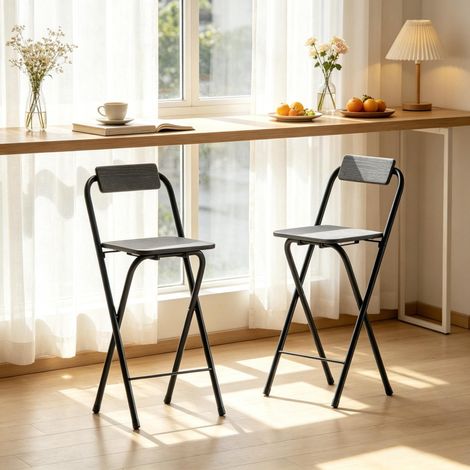 Lote de 2 taburetes de bar plegables de 87 cm en MDF y acero negro con respaldo - CHICFURN (1/5)