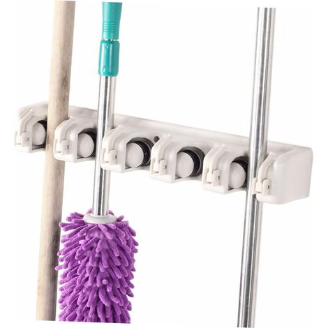 Porte balai mural avec 5 emplacements et 6 crochets – Plastique ABS – Capacité 15 kg – Dimensions 39,7 x 8,3 x 6,3 cm – Pour rangement intérieur et extérieur (1/5)