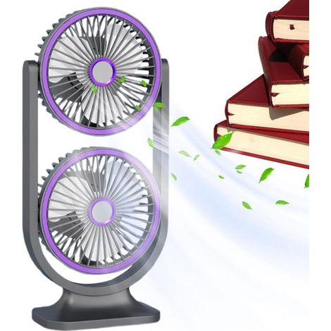 Ventilateur de bureau rechargeable USB – Ventilateur portable à double tête, multifonctionnel, gris (1/5)