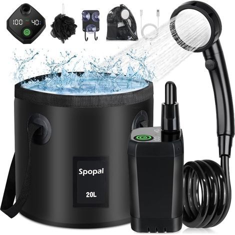 Camping Douche Portable, Kit Douche de Camping,Rechargeable,6000mAh, avec Seau Pliable 20L,Afficheur Intelligent et Pomme de Douche 4 Modes pour Extérieure,Camping (1/5)