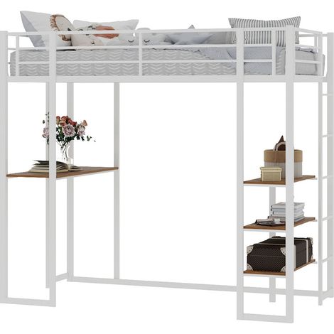 Cama alta de hierro blanco con escalera y escritorio 200 x 107 x 180 cm (1/5)