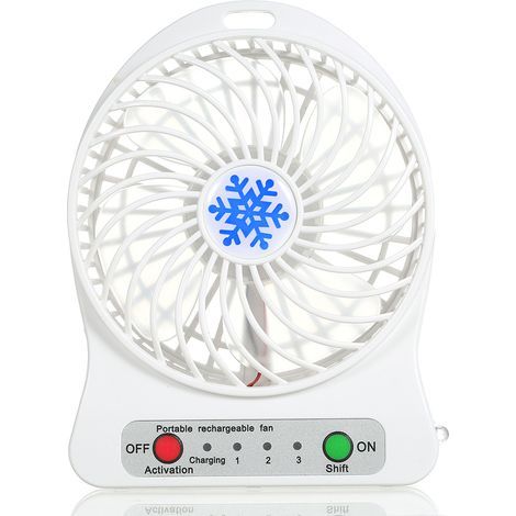 Wiederaufladbarer tragbarer Tischventilator mit LED-Licht, Mini-Tischventilator, USB-Ladefunktion, Luftkühler, 3 Geschwindigkeitsstufen, LED-Beleuchtung, Kühlfunktion (weiß) (1/5)