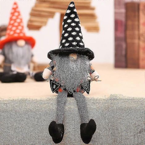 Décorations d'Halloween : Poupée sans visage, cape et chapeau de sorcière, poupée aux longues jambes, ornements, poupée tenant un drapeau triangulaire et une étoile. (1/5)