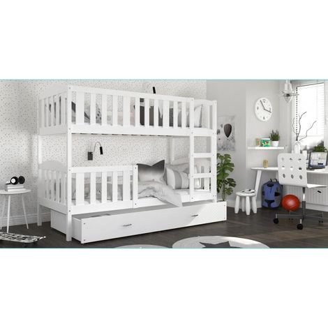 Lit superposé 80x160 blanc – Structure en bois et MDF – 2 sommiers FLEX – Matelas mousse 7cm – Tiroir de rangement inclus – Kids Literie