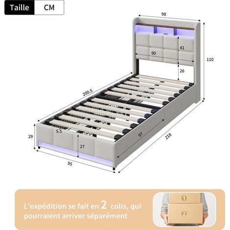 Lit 90x200 cm, avec quatre tiroirs, éclairage LED réglable, 2 USB et 1 fonction de charge tpcy-c, lin, convient aux adultes et aux adolescents, Beige