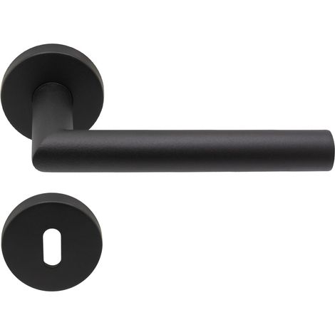Poignée en forme de L - Noir mat - Rosace ronde - Porte de chambre DIN (1/5)