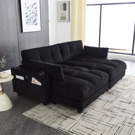 Canapé modulable XL 2 places en velours côtelé avec porte-gobelets, poches latérales, USB et prise électrique Noir pour salon, 224 x 140 x 81 cm