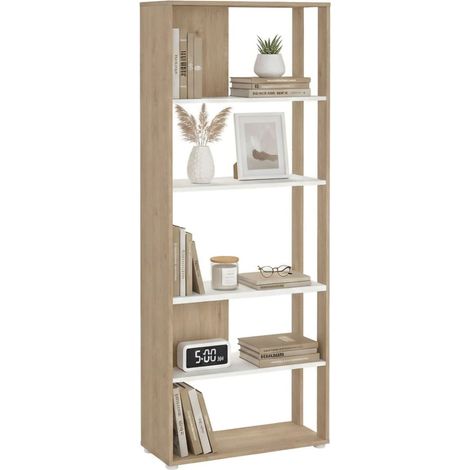 Dmora - Bücherregal Colette, Büroregal, Mobiler Buchhalter, Bücherbrett, 80x34 h205 cm, Eiche und Weiß