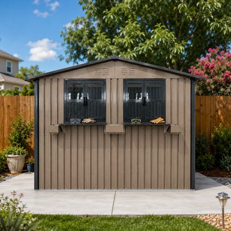 Abri de jardin métal galvanisé 170x254 cm - Portes doubles verrouillables fenêtres avec barres à fleurs - Brun et noir (1/5)