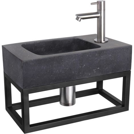 Differnz Bombai kit lave-mains - 40x22x9cm - Rectangulaire - 1 trou de robinet - Robinet droit chromé mat - avec cadre noir - Pierre naturelle noire (1/5)