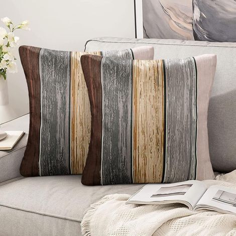 Housses de Coussin 40x40 Gris Marron Lot de 2 Housses de Coussin 40 x 40 Lin Marron Moderne Taie D’Oreiller Decoratif Carré À Rayures Bois Coussin pour Canapé Canapé Voiture Décoration Intérieure (1/5)