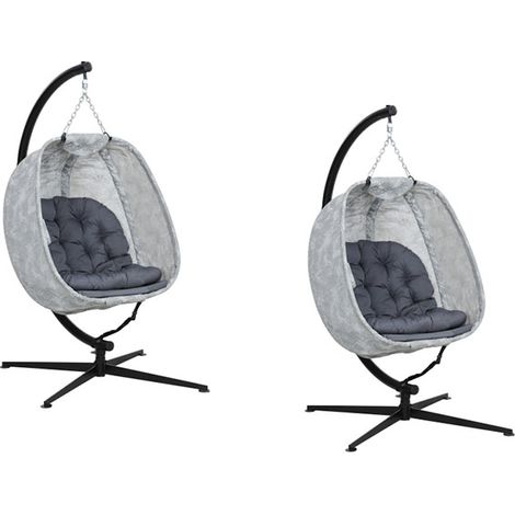 2er-Set eiförmiger Hängesessel für den Außenbereich, Faltbar Hängeschaukel mit Gestell, Sitzpolstern, Hängematte für 1 Personen, Schaukelsessel Indoor Outdoor, Terrasse, Garten, Grau