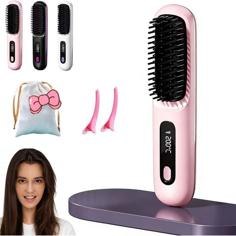 Cocoony Styling Brush for Short Hair, Portable Cordless Rechargeable Straightening Brush with LED Screen, 3 Modes, for Daily Styling & Travel (Pink)
