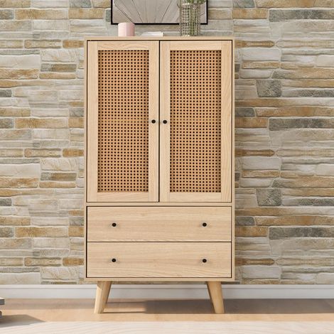 Buffet haut meuble de rangement, commode de salon et vaisselier d'appoint gain de place, en bois effet chêne et cannage rotin style boho chic avec 2 portes et 2 tiroirs pieds en pin L60xP40xH120cm, Ch
