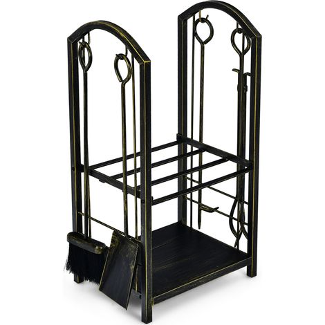 Porte-bûches en Métal avec Accessoires de Cheminée 4 Pcs Support à Bois de Chauffage avec Tisonnier, Pince, Brosse et Pelle, Noir Patiné (1/5)