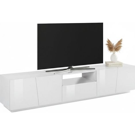Dmora - Fernsehschrank Dlori, Niedriges Sideboard für Wohnzimmer, Sockel für TV-Möbel, 100 % Made in Italy, cm 220x43h46, weiß glänzend