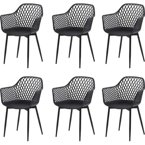 H.J WeDoo Chaise de Jardin Lot de 6, Chaise de Jardin Exterieur, Coque en PP, Structure en métal, accoudoirs, Patins réglables en Hauteur, Charge maximale 120 kg, Noir (1/5)