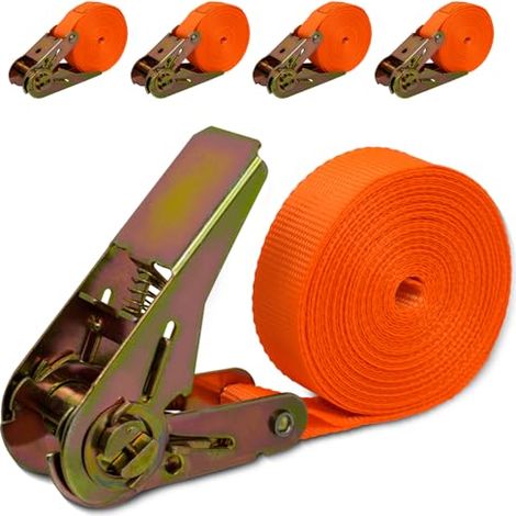 4er-Pack Ratschengurte 6 m x 25 mm, oranger Transportgurt mit Haken, Tragkraft 1000 kg – Ratschengurte für Fahrrad, Motorrad, Anhänger, Umzüge und mehr