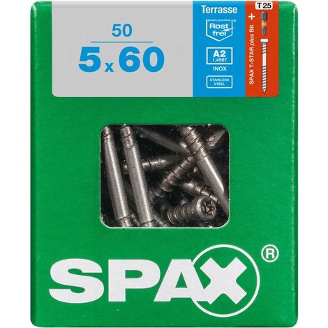 SPAX Terrassenschraube, 5 x 60 mm, 50 Stück, Fixiergewinde, Zylinderkopf, T-STAR plus T25, CUT-Spitze - 4507000500607