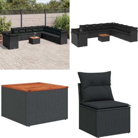 12-tlg. Garten-Sofagarnitur mit Kissen Schwarz Poly Rattan - Gartenmöbel Set - Esstischgarnitur - Rattan Möbel - Outdoor Sofa - Lounge Set - Home & Living (1/5)