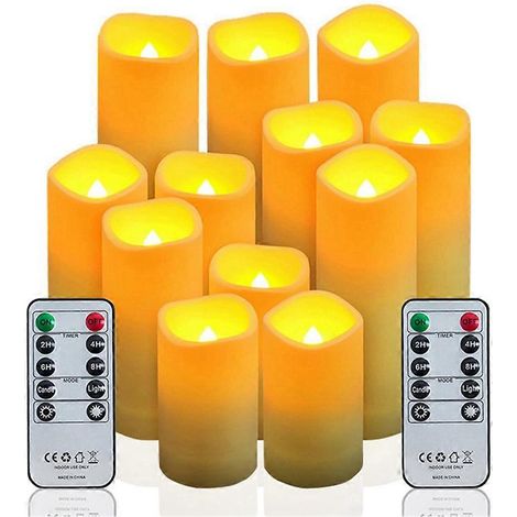 Lot de 12 bougies LED sans flamme à effet vacillant, fonctionnant sur piles, étanches, pour table à manger et cheminée, avec télécommande. (1/5)
