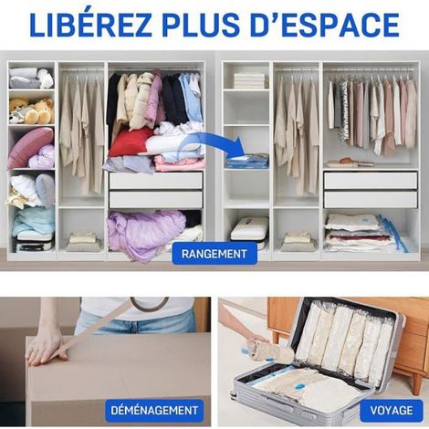 Sac Sous Vide Vêtements - 100x80 cm + 80x61 cm + 60x41 cm - Pour Rangement Literie et Vêtements - 12 Pièces avec Pompe Manuelle (1/5)