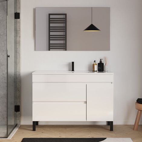 Meuble de salle de bain 120cm simple vasque sur pieds avec porte et tiroirs - blanc brillant - LAZARO (1/5)