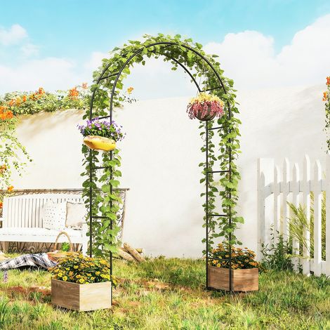 Arco de jardín con 2 bases para plantas trepadoras, rosas, vides, arco de boda, 145x39x237cm, negro