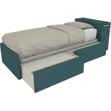 Letto singolo salvaspazio con cassetti e testata contenitiva - Verde Petrolio