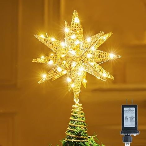 Décoration de sapin de Noël 3D en métal pailleté, 28 cm, blanc chaud, 36 LED avec minuterie, décoration pour sapin de Noël et décoration intérieure. (1/5)