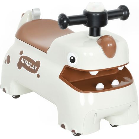 Voiture à pousser, motif dinosaure, volant, lumières, sons, 4 roues, blanc crème et marron (1/5)