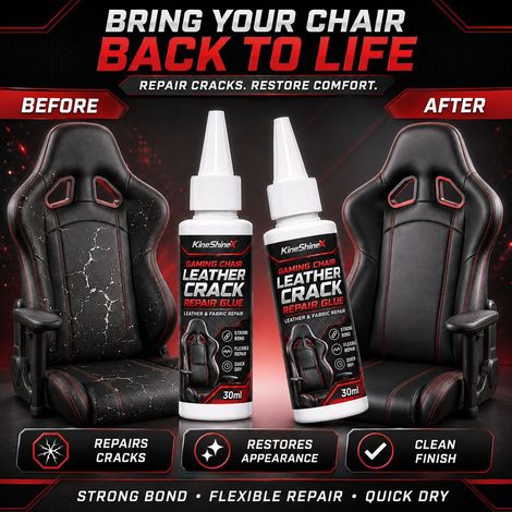 Colle de réparation pour fissures en cuir de chaise gaming KineShineX : forte adhérence, réparation flexible, séchage rapide et sans durcissement. (1/4)