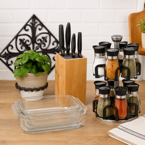 Ensemble de préparation de cuisine en bambou (4 pièces) : bloc à couteaux, étagère à épices pour 12 pots, plats à four et manique (1/5)