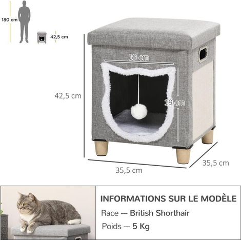 Maison chat intérieur 2 en 1, niche et lit, coussin lavable, pieds bois, jouet balle inclus gris (1/5)