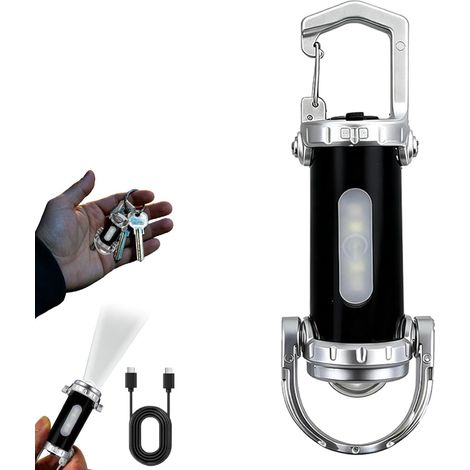 Lampe de poche porte-clés rechargeable 1200 lumens EDC avec stroboscope rouge/bleu, recharge d'urgence de votre téléphone, étanche IPX7, portable pour camping, randonnée et équipement de survie (noir)
