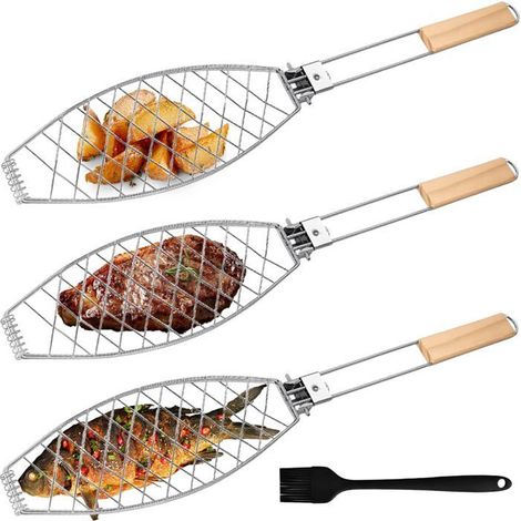 Rôtissoire à poisson Lot de 3 Acier inoxydable Manche en bois Résistante à la chaleur 63 x 12 cm (1/5)