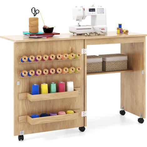 Table de couture pliante naturelle avec étagère de rangement et 5 roulettes verrouillables pour atelier, bureau et chambre (1/5)