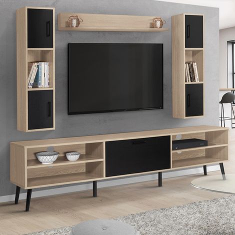 Mueble de TV y estantería HOUSTON madera y negro 180 cm (1/5)