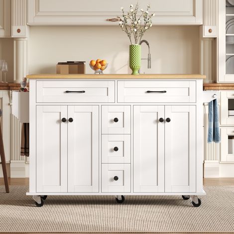 Carro de cocina 140x65x89 cm de MDF blanco y madera natural, extensible, FloraGrace (1/5)