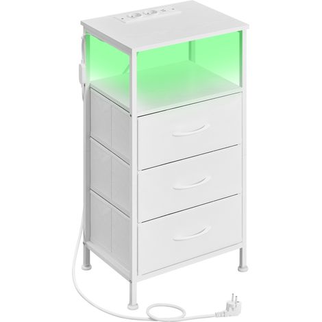 Table de Chevet avec Éclairage LED et Multiprise, 3 Tiroirs et 1 Compartiment Ouvert, Blanc (1/5)