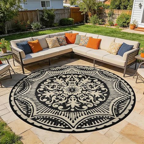 Rug Round 240 cm Diameter Plastic Lightweight Balcony Picnic Camping Garden Mat Black (1/5)