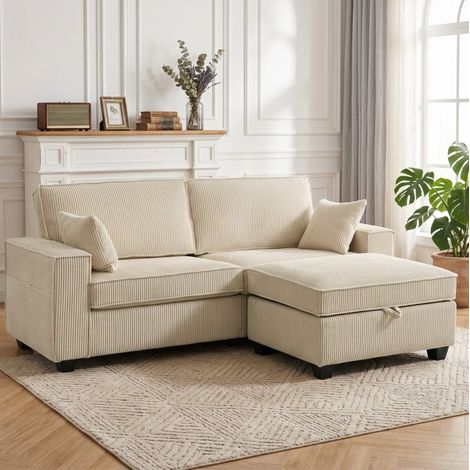 Canapé d'angle 216x151x94 cm en tissu côtelé beige, avec rangement, pour salon FloraGrace (1/5)